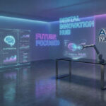 A futuristic room bathed in neon blue and purple light, featuring holographic displays with data charts and a brain model. Neon signs read "DIGITAL INNOVATION HUB," "FUTURE FOCUSED," and "ATHUL IYJU JACOB." A robotic arm sits on a desk next to a hologram of a brain.
